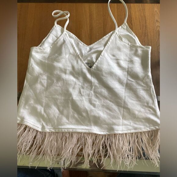 White silk/poly spaghetti strap Cami w/ feathers. V front & back size small - Picture 9 of 12